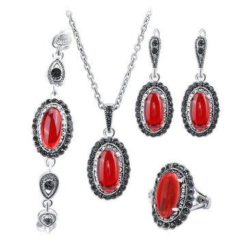New Fashion Red Stone Necklace And Earring Bracelet Ring For Women - 4Pcs Boho Jewellery Set - The Jewellery Supermarket
